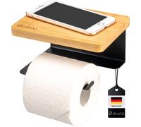 eluno Distributeur de papier toilette VARAZ avec tablette en bambou, porte-rouleau WC autocollant, en métal noir