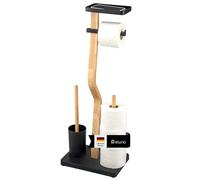 eluno Ensemble WC sur pied 4 en 1, avec brosse WC, 2 têtes de brosse de rechange, porte-rouleaux pour 3 rouleaux et étagère, en bois certifié FSC et métal (noir)