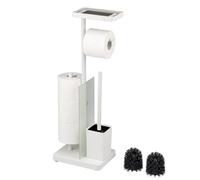 eluno Ensemble WC sur Pied 4 en 1 avec Brosse WC, 2 têtes de Brosse de Rechange, Porte-Rouleaux (Rechange) pour 3 roulettes, étagère, Verre satiné et métal (Blanc)