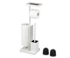 eluno Ensemble WC sur Pied 4 en 1 avec Brosse WC, 2 têtes de Brosse de Rechange, Porte-Rouleaux (Rechange) pour 3 roulettes, étagère, Verre satiné et métal (Blanc)