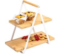 eluno Étagère à 2 étages en bambou et support en métal blanc mat - Parfait pour servir des fruits, des gâteaux, des muffins, des beignets et des fingerfoods - Plateau de service, support de plateau et