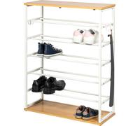 eluno étagère à chaussures ouverte large pour 18 paires de chaussures en métal blanc mat avec 2 étagères en bois, pieds réglables en hauteur, 4 crochets pour sacs, chausse-pieds et parapluies, support