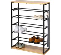 eluno étagère à chaussures ouverte large pour 18 paires de chaussures en métal noir mat avec 2 étagères en bois, pieds réglables en hauteur, 4 crochets pour sacs, chausse-pieds, parapluies, support po