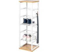 eluno étagère à chaussures ouverte pour 6 paires de chaussures en métal blanc mat avec 2 étagères en bois, 4 crochets inclus, pieds réglables en hauteur, support à chaussures, rangement pour chaussure