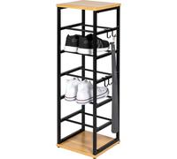 eluno étagère à chaussures ouverte pour 6 paires de chaussures en métal noir mat avec 2 étagères en bois, 4 crochets inclus, pieds réglables en hauteur, support à chaussures, rangement pour chaussures