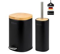 eluno Framura - Lot de 2 accessoires de salle de bain - 1 poubelle de salle de bain avec couvercle à fermeture douce et une capacité de 5 litres et 1 ensemble WC - En métal avec couvercle en bambou