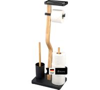 eluno Garniture de WC sur pied 4 en 1, brosse de WC, porte-rouleau, tablette en bois et métal noir
