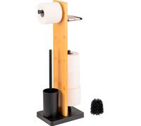 eluno Garniture de WC sur pied 4en1, brosse de WC, porte-rouleau (de rechange), tablette, bambou/métal, noir