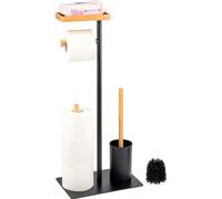 eluno Garniture de WC sur pied 4en1, brosse de WC, porte-rouleau (de rechange), tablette, bambou/métal noir