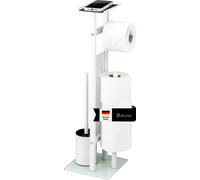 eluno Garniture de WC sur pied 4en1, brosse de WC, porte-rouleau et tablette, en acier inoxydable et verre blanc