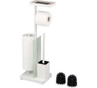 eluno Garniture de WC sur pied 4en1, garniture de WC indépendante y compris brosse de WC, 2 têtes de brosse de rechange, porte-rouleau (de rechange) pour 3 rouleaux, tablette, verre satiné et métal, e