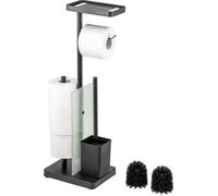 eluno Garniture de WC sur pied 4en1, garniture de WC indépendante y compris brosse de WC, 2 têtes de brosse de rechange, porte-rouleau (de rechange) pour 3 rouleaux, tablette, verre satiné et métal, e
