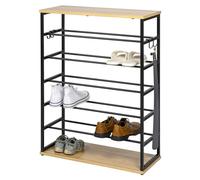 eluno porte-chaussures grand ouvert pour 18 paires de chaussures en métal avec 2 étagères en bois, pieds réglables en hauteur, 4 crochets, range-chaussures (noir)