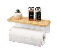 eluno porte-rouleau de papier essuie-tout avec étagère en bambou pour fixation murale, en métal blanc