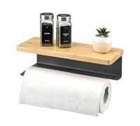 eluno Porte-rouleau d'essuie-tout avec étagère en bambou élégant, pour montage mural, à coller ou à percer, pour rouleaux de cuisine standard jusqu'à 28 cm ou 2 rouleaux de papier toilette, en métal