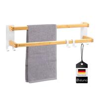 eluno Porte-serviettes de 60 cm avec 2 barres porte-serviettes et 6 crochets pratiques - Avec ruban adhésif de qualité supérieure à coller ou à percer, avec barres décalées, en métal et bambou (blanc)