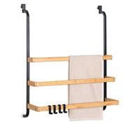 Eluno Porte-Serviettes pour Paroi de Douche en Verre - Métal et Bambou, 3 Barres, 4 Crochets Pratiques, à Accrocher Sans Percer (Noir)