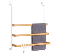 eluno Porte-serviettes pour paroi de douche en verre en métal et bambou, porte-serviettes avec 3 barres, 4 crochets pratiques, à suspendre sans perçage, blanc