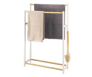 eluno Porte-Serviettes sur Pied en métal avec Bambou, Extra Large, pour Grandes Serviettes de Douche, Porte-Serviettes de Bain, avec 2 Barres Porte-Serviettes et 4 Crochets (Blanc)
