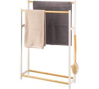eluno Porte-serviettes sur pied en métal blanc mat avec bambou, très grand porte-serviettes sur pied pour grandes serviettes de douche, porte-serviettes de bain, avec 2 barres porte-serviettes et 4 cr