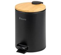 eluno Poubelle à pédale de 3 litres avec couvercle en bambou à fermeture amortie pour salle de bain, cuisine, chambre à coucher, avec seau intérieur amovible en bambou et métal (noir)