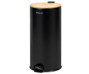 eluno Poubelle à pédale de 30 litres avec couvercle en bambou à fermeture douce pour salle de bain et cuisine avec seau intérieur amovible en bambou et métal (Noir)
