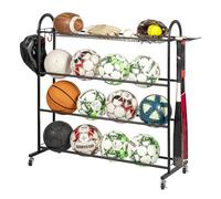 eluno Support de rangement pour balles de sport en acier noir avec étagères, support pour batte de baseball et crochets, pour ranger les ballons de football, volley-ball, basketball, handball