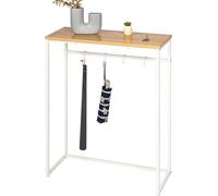 eluno table console en métal blanc mat avec 1 étagère en bois, pieds réglables en hauteur, 4 crochets pour sacs, parapluies et chausse-pieds, dans l'entrée, comme table d'appoint ou sideboard, beaucou