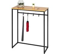 eluno table console en métal noir mat avec 1 étagère en bois, pieds réglables en hauteur, 4 crochets pour sacs, parapluies et chausse-pieds, dans l'entrée, comme table d'appoint ou sideboard, beaucoup