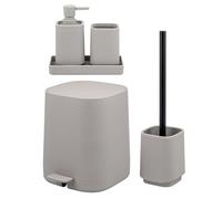 eluno Valona - Ensemble de 5 accessoires de salle de bain - Avec surface douce au toucher - Distributeur de savon, gobelet, bol, poubelle de salle de bain et WC d'invités - En plastique - Taupe