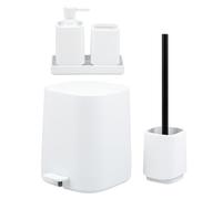 eluno Valona - Ensemble de 5 accessoires de salle de bain - Avec surface douce au toucher - Distributeur de savon, gobelet, bol, poubelle de salle de bain et WC d'invités - En plastique - Blanc