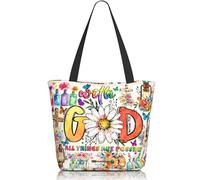 EluteFpme Sac fourre-tout biblique pour femme, sac fourre-tout chrétien, sac à bandoulière avec fermeture éclair, cadeau chrétien, With God All Things Are Possible, Taille unique