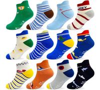 ELUTONG Lot de 12 paires de chaussettes antidérapantes pour tout-petits de 1 à 7 ans, chaussettes antidérapantes pour tout-petits garçons et filles, 01 requin, 5-7 Years