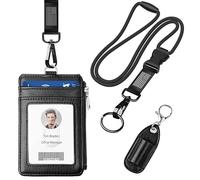 ELV Porte-badge avec fermeture éclair et cordon, portefeuille en cuir synthétique avec 5 emplacements pour cartes, poche de blocage RFID, cordon tour de cou réglable amovible avec porte-clés et