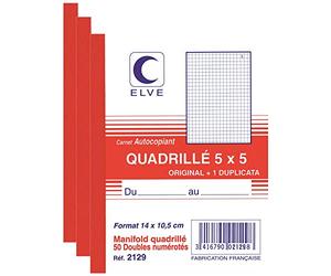ELVE Lot de 3 Manifolds Autocopiant Quadrillé 5 x 5 140 x 105 mm 50 Feuillets Dupli