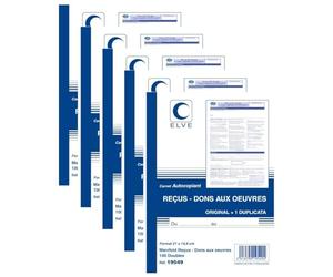 ELVE Lot de 5 Carnets de reçus - Dons aux oeuvres A5-100 Feuillets Doubles