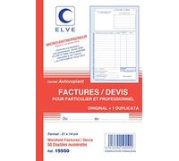 ELVE LV19550 Lot de 5 Carnets Autocopiants Factures/Devis pour Auto-entrepreneurs en Format A5 avec 50 Duplicata