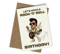 Elvis Carte d'anniversaire signée A5 « Let's have a Rock 'n' roll Birthday ! » - Fan de musique illustrée numériquement imprimée sur une carte de 350 g d'épaisseur N°1864