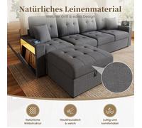 ELVORIN Canapé modulable d'angle 4 places gris, 253 x 144,5 x 80,7 cm, pouf coffre, rangements accoudoirs, LED, USB, Type-C