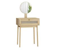 ELVORIN Coiffeuse compacte avec miroir rond, 60 x 50 x 128 cm, aspect chene, decor cannage, 1 tiroir, sans chaise