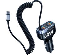 ELVORIX-Chargeur Voiture USB C,60W 4 Multi Port 12V PD QC Type C 1.8M Câble Spiralé Rapide Charge Prise Allume Cigare Automobile Chargeur for Xiaomi Redmi Note 14/Galaxy A16/iPhone 17/Google Pixel 9