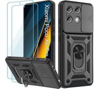 ELVORIX-Coque pour Xiaomi Poco X6 Pro 5G avec 2 Pièces Verre Trempé, Lentille Coulissante Couverture, Support 360° Rotatif Militaire PC Armor Etui, Noir