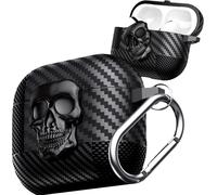 ELVORIX-Étui AirPods Pro 3 Tête de Mort 3D Maléfique, Coque Antichoc en Fibre de Carbone avec Mousqueton Design Créatif Compatible avec AirPods Pro 3 2025 .Skull Black