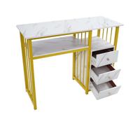 ELWYNTP Table de manucure, 100 x 40 x 76 cm, 3 tiroirs, capacité de charge de 30 kg, table à ongles en marbre blanc, doré, plan de travail, table de manucure, coiffeuse pour salon de manucure, bureau