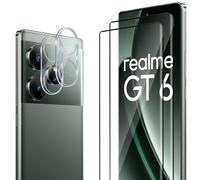 ELYCO Protection Écran pour Realme GT 6/GT 6T 5G, 2 Pièces Films Verre Trempé + 2 Pièces Caméra Arrière Protecteur, 9H Dureté, Full Cover Anti-Bulles/Anti-Rayures, HD Transparent