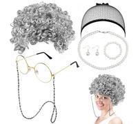 EMAGEREN 7Pcs Kit de Deguisement Grand Mere Bonnet Perruque Grand-mère Vieille Dame Déguisement Accessoire avec Perruque Lunettes Bracelet Collier de Perles Chaîne de Lunettes pour Halloween cosplay
