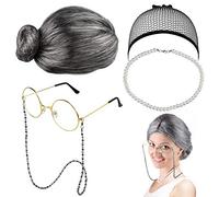 EMAGEREN Kit de Deguisement Grand Mere Perruque Vieille Dame Grise Longue Naturelle Lunettes Ronde Collier Fausse Perle pour Fête Déguisement Années 1920 Costume Halloween Carnaval Mariage Fête