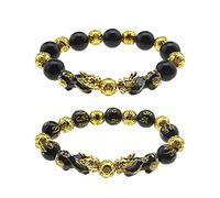 eMagTech Lot de 2 bracelets Feng Shui avec perles en obsidienne double Pixiu pour attirer la chance, richesse, élasticité, cadeau pour homme et femme