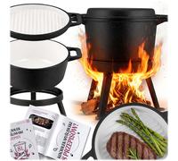 Berdsen Faitout en fonte de 8 l - Faitout émaillé pour feu de camp et barbecue - Couvercle 2 en 1 utilisable comme poêle - Avec 3 pieds et anse de suspension - Avec livre de recettes - Noir