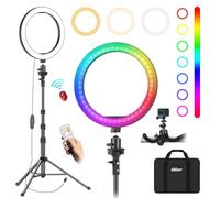 EMART Anneau lumineux de 25,4 cm avec trépied extensible de 129,5 cm, support de téléphone avec télécommande Bluetooth sans fil, 16 couleurs RVB, 13 modes dynamiques et 10 niveaux de luminosité